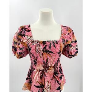 Farm Rio Pink Square Neck Puff Sleeve Ruffle Peplum Top Stretch Small